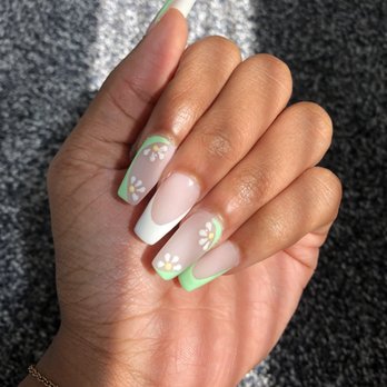LV Nails - French tip coffin nails with design - Nail Salons Near Me - Downingtown, Pennsylvania