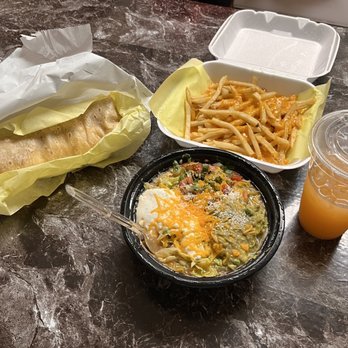 Chikiliquis Taco Stand - Breakfast burrito, shredded beef bowl, Cheese Fries., and a cantaloupe drink. - Mexican Near Me - Mesa, Arizona
