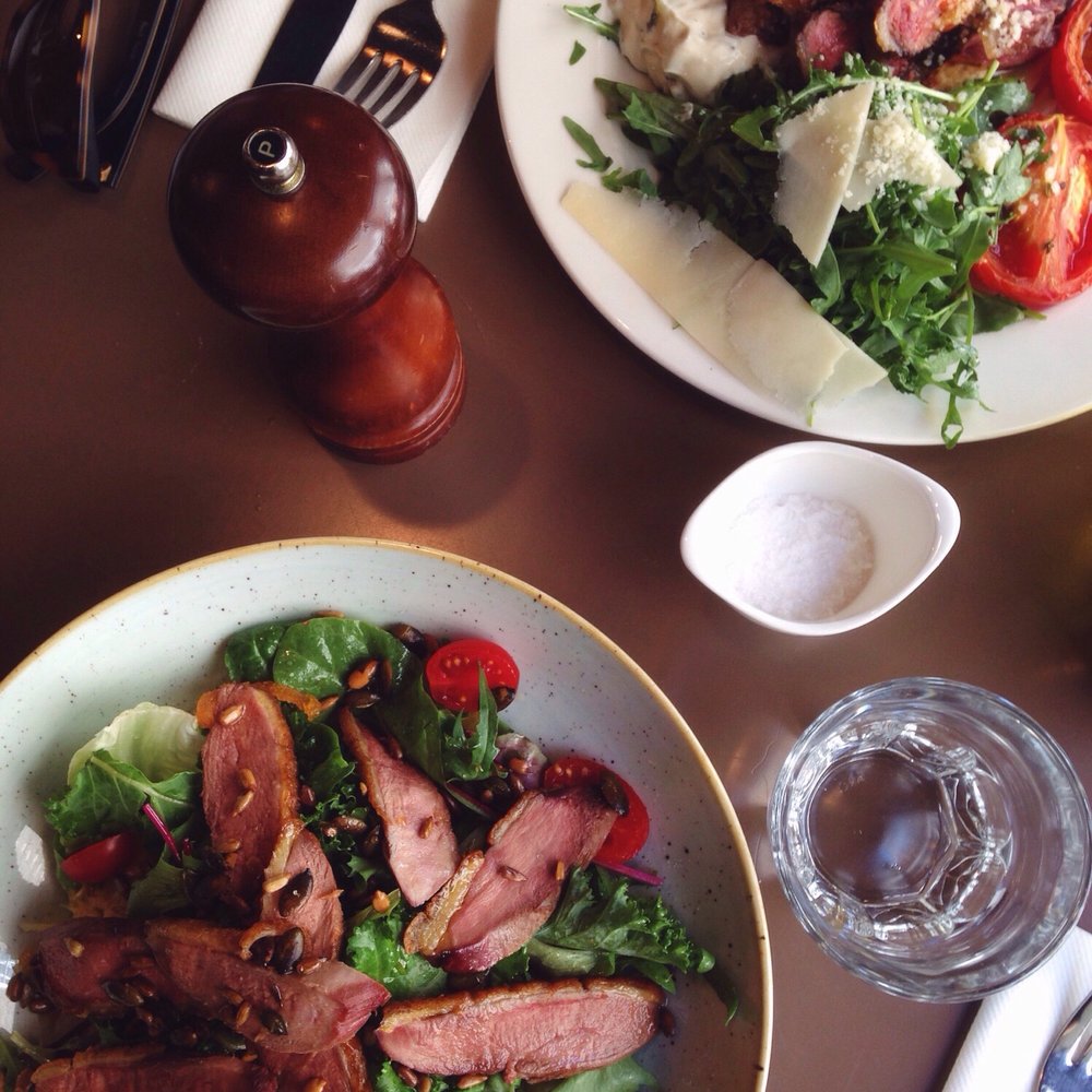 Coppinger Row - Warm duck salad and beef on flat bread. Total of about €30. Food was average tasting, just slightly on the pricey side. - Mediterranean Near Me - Dublin, D