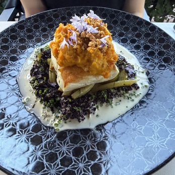 Blue Water Cafe - Halibut dish (daily feature) adorned with edible flowers - Seafood Near Me - Vancouver, British Columbia Blue Water Cafe - Halibut dish (daily feature) adorned with edible flowers - Seafood Near Me - Vancouver, British Columbia