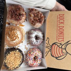 Duck Donuts - Maple bacon, cookie butter, blueberry pancake, chocolate coconut, strawberry