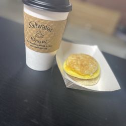 Saltwater Brew - White Chocolate Latte with a Sausage, Egg, & Cheese Biscuit!