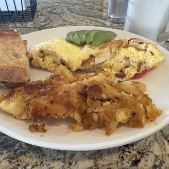 The Plate - Two egg omelette made with chicken tomatoes, American cheese. It also came with, home fries, and toast. - Breakfast & Brunch Near Me - Milford, Connecticut The Plate - Two egg omelette made with chicken tomatoes, American cheese. It also came with, home fries, and toast. - Breakfast & Brunch Near Me - Milford, Connecticut