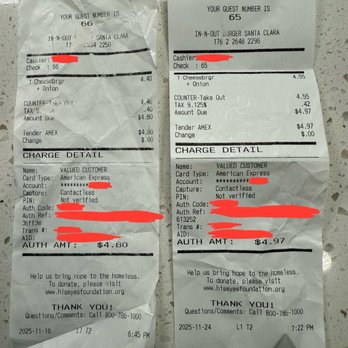 In-N-Out Burger - Receipts (same order, higher price) - Fast Food Near Me - Santa Clara, California In-N-Out Burger - Receipts (same order, higher price) - Fast Food Near Me - Santa Clara, California