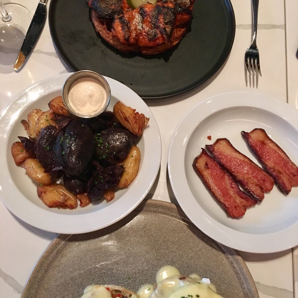 the Albert - Peri peri chicken and waffles, potato side dish, braised bacon and duck confit benedict - New American Near Me - Chicago, Illinois the Albert - Peri peri chicken and waffles, potato side dish, braised bacon and duck confit benedict - New American Near Me - Chicago, Illinois