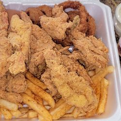 La Brea Seafood - 15 jumbo shrimp w/fries and onion rings 1 hushpuppy and a roll. Extra cocktail sauce 3 for $1