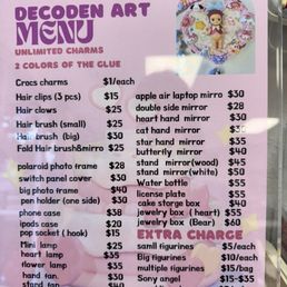 Prices for items to decorate unlimited charms with