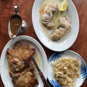 Manago Hotel Restaurant - Pork chops and opakapaka (special). Side of gravy and onions. - Hawaiian Near Me - Captain Cook, Hawaii Manago Hotel Restaurant - Pork chops and opakapaka (special). Side of gravy and onions. - Hawaiian Near Me - Captain Cook, Hawaii
