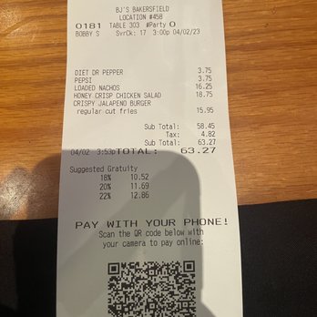 BJ's Restaurant & Brewhouse - Our bill. Can't believe my salad was almost 20 dollars. More than burger. MAKE IT MAKE SENSE. - New American Near Me - Bakersfield, California