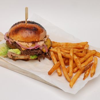 Izba - Village Butcher Burger Burger bun, (pulled beef or beef patties), romaine lettuce, pickled onion, tomato,cheddar cheese, french fries - Modern European Near Me - Glendale, California Izba - Village Butcher Burger Burger bun, (pulled beef or beef patties), romaine lettuce, pickled onion, tomato,cheddar cheese, french fries - Modern European Near Me - Glendale, California