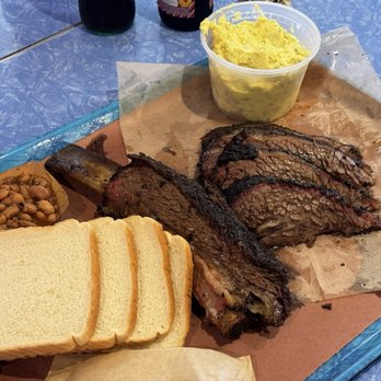 Franklin Barbecue - Beef Rib, Beef brisket, potato salad and beans. - Barbeque Near Me - Austin, Texas
