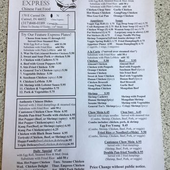 China Express - Menu, as of April 9, 2017. Beware, though. They tried charging me different prices than what was listed. - Chinese Near Me - Carmel, Indiana China Express - Menu, as of April 9, 2017. Beware, though. They tried charging me different prices than what was listed. - Chinese Near Me - Carmel, Indiana