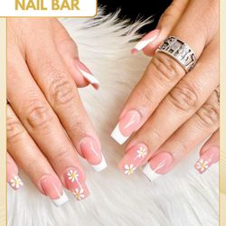Lush Nail Bar - Elegant pink and white French nails with hand-painted floral designs - fresh, feminine, and perfect for any occasion