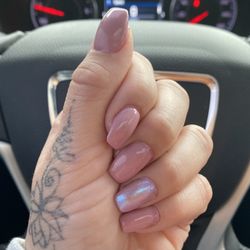 Best Nail and Spa - Acrylics with coffin shape, shade 76 in DND (Taro Pudding), and a chrome accent nail