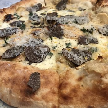 Leuca - Connie's Wedding Wood-Fired Pizza (Black truffles, taleggio cheese) up close - Italian Near Me - Brooklyn, New York