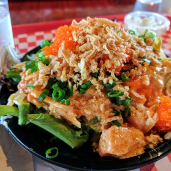 Uroko Poke - Small bowl with half salad half rice. Proteins are salmon and spicy tuna - Japanese Near Me - Costa Mesa, California