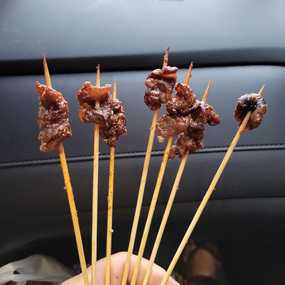 7 out of 10 beef skewers for $8..