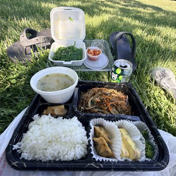 Jin Doshirak - Japchae bento and seaweed salad and Korean grape drink (sorry can't read Korean lol) - Korean Near Me - Louisville, Kentucky Jin Doshirak - Japchae bento and seaweed salad and Korean grape drink (sorry can't read Korean lol) - Korean Near Me - Louisville, Kentucky
