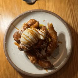 Andrew Michael Italian Kitchen - Funnel cake with sweet cream gelato and peach puree