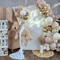 Party Decoration NYC - Balloons set up for the Baby Shower in nude and beige colors