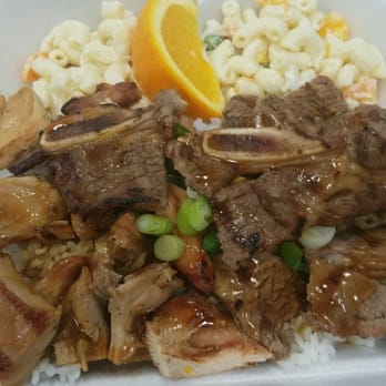 Teriyakin' - The Works Plate (chicken, steak, and short rib combo) with macaroni salad and orange slice! $9.95 - Japanese Near Me - Morrisville, North Carolina