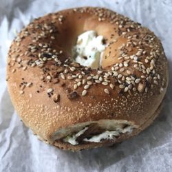 Commack Bagels Deli Market - Everything bagel with scallion cc. Perfect NY bagel -crispy on the outside, chewy on the inside