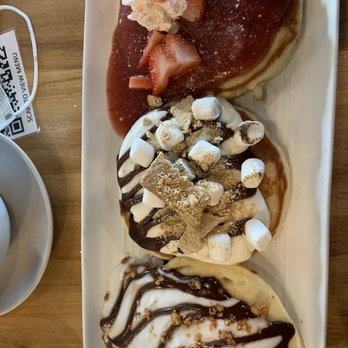 Egghead Cafe - Trio Love pancakes with Smores Pancake, Strawberry Short Cake Pancake, and Mac Nut Choco Pancake - Coffee & Tea Near Me - Honolulu, Hawaii Egghead Cafe - Trio Love pancakes with Smores Pancake, Strawberry Short Cake Pancake, and Mac Nut Choco Pancake - Coffee & Tea Near Me - Honolulu, Hawaii