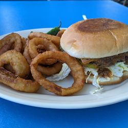 Gyro's Drive Inn - Chili cheeseburger with onion rings