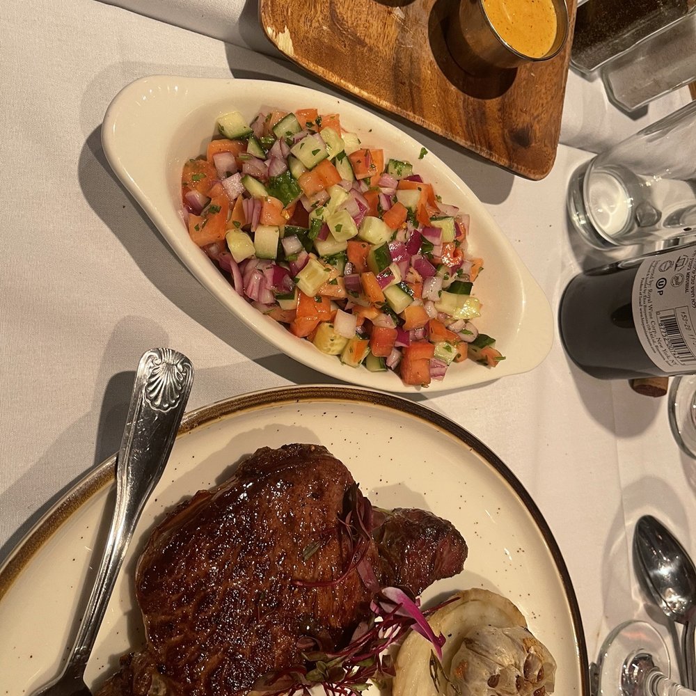 The Butchers Steakhouse - Delmonico steak with side of Israeli salad - Kosher Near Me - Allenhurst, New Jersey The Butchers Steakhouse - Delmonico steak with side of Israeli salad - Kosher Near Me - Allenhurst, New Jersey