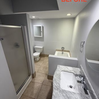 Remodels By Leo - "Before" of the Condo bathroom. Weird layout, incredibly claustrophobic, dingy floor, and almost no storage - General Contractors Near Me Remodels By Leo - "Before" of the Condo bathroom. Weird layout, incredibly claustrophobic, dingy floor, and almost no storage - General Contractors Near Me