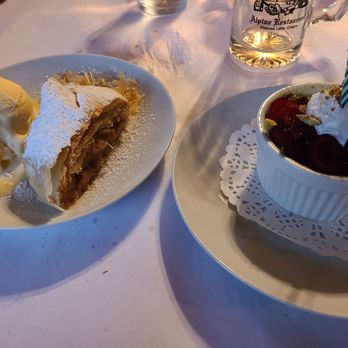 Vali's Alpine Restaurant & Deli - Apple Cobbler with Vanilla Ice Cream And Pistachio Creme Brulee with Cherries (And a candle for my birthday) - Hungarian Near Me - Joseph, Oregon Vali's Alpine Restaurant & Deli - Apple Cobbler with Vanilla Ice Cream And Pistachio Creme Brulee with Cherries (And a candle for my birthday) - Hungarian Near Me - Joseph, Oregon