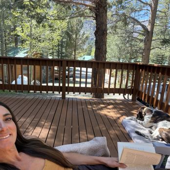 Double Eagle Resort - Relaxing with my pup on the porch of Cabin 5 - Resorts Near Me - June Lake, California Double Eagle Resort - Relaxing with my pup on the porch of Cabin 5 - Resorts Near Me - June Lake, California