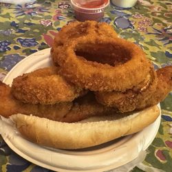 Gene's Fish Fry - Terrible onion rings piled on top of my fish fry!