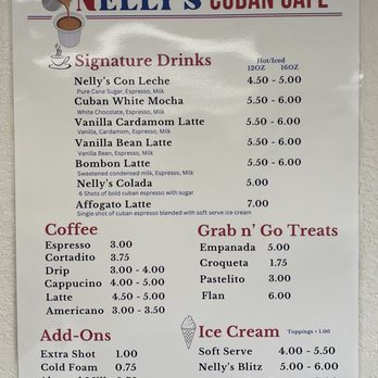 Nelly's Cuban Cafe - Drink / Treat Menu | 2024.06.26 - Cuban Near Me - Grants Pass, Oregon