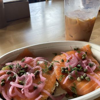 Forage Market - open faced lox bagel and iced chai with oatmilk and lavender syrup - Breakfast & Brunch Near Me - Portland, Maine