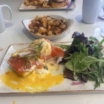First Watch - salmon Benedict (that i already bit into so excuse the broken egg) - Breakfast & Brunch Near Me - Greenville, South Carolina