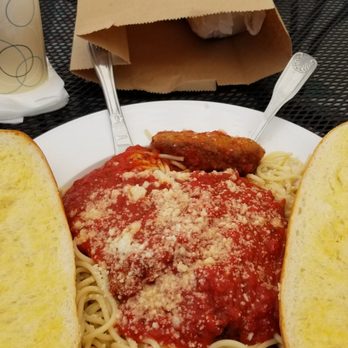Modica's Deli - Spaghetti and sausage with garlic bread. - Delis Near Me - Long Beach, California