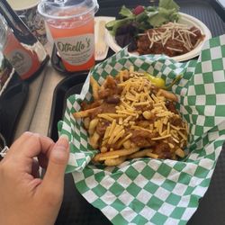 Lasagna, chili cheese fries, strawberry lemonade.