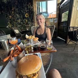 Jalepeno burger, flight, and my girlfriend Jalepeno burger, flight, and my girlfriend