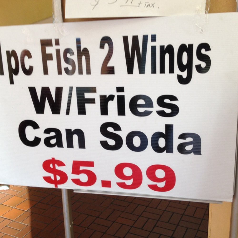 Chicken A Peel - a sign that reads dc fish 2 wings wfries can soda $ 5 99 - New American Near Me - Saint Louis, Missouri Chicken A Peel - a sign that reads dc fish 2 wings wfries can soda $ 5 99 - New American Near Me - Saint Louis, Missouri