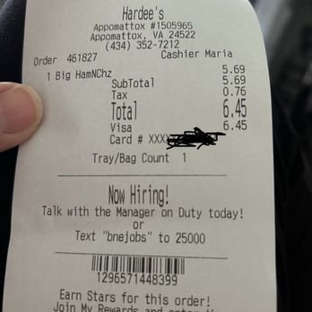 Hardee's - Receipt - Burgers Near Me - Appomattox, Virginia
