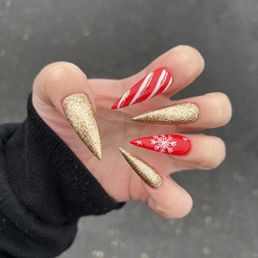 Christmas nails, snow flake, candy cane, red, gold. Christmas nails, snow flake, candy cane, red, gold.