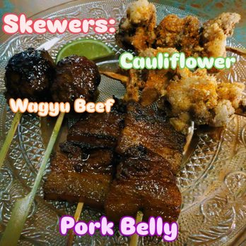 Ramro - Skewers! Wagyu Beef with Brown Sugar and Garlic, Cauliflower with Honey, Sesame Aioli and Togarashi, and Marinated Pork Belly. - Himalayan/Nepalese Near Me - Astoria, New York