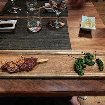 O-Ku - A5 Waygu beef skewer with shishito pepper 7th course - Sushi Bars Near Me - Raleigh, North Carolina O-Ku - A5 Waygu beef skewer with shishito pepper 7th course - Sushi Bars Near Me - Raleigh, North Carolina