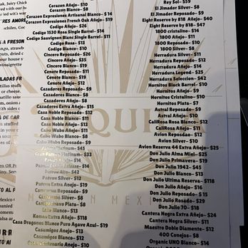 Tequila Modern Mexican - One side of the two-sided tequila menu - Mexican Near Me - Cincinnati, Ohio