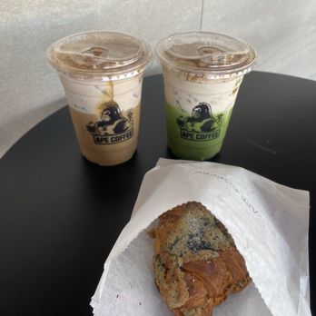 Ape Coffee - Black sesame almond croissant, monkey business latte, and matcha monkey business - Cafes Near Me - Placentia, California Ape Coffee - Black sesame almond croissant, monkey business latte, and matcha monkey business - Cafes Near Me - Placentia, California