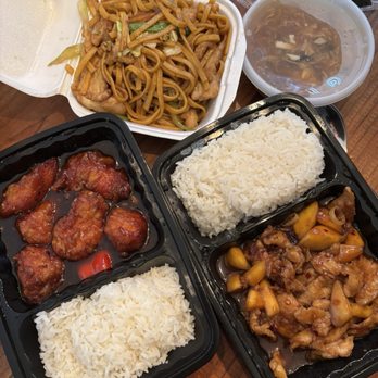 T James China Cafe - kids chicken lo mein, hot and sour soup, general Tso's chicken, mango garlic chicken lunch portion (delicious ) - Chinese Near Me - Cypress, Texas