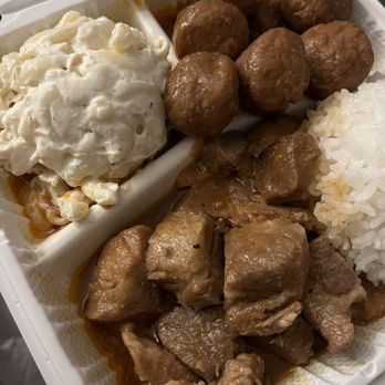 Miki's - Mix plate - Pork Adobo and Teri Meatball - Hawaiian Near Me - Pearl City, Hawaii