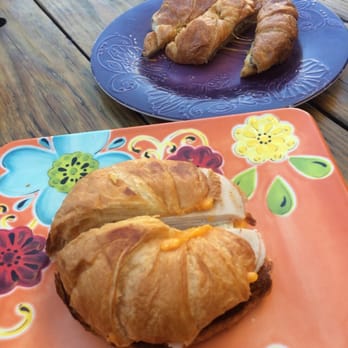 Katy's Cafe - Turkey croissant sandwich and sausage croissant sandwich cut into thirds - Breakfast & Brunch Near Me - Imperial Beach, California