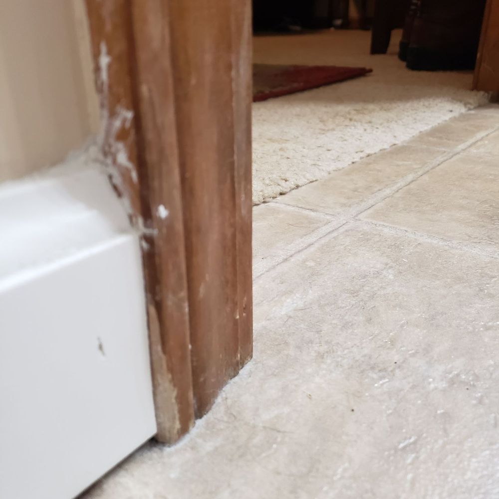 Bath Pro Evansville - Dry wall mud was not cleaned off surfaces, had been tracked onto carpet and cut out by ME....see damaged door frame - General Contractors Near Me - Evansville, Indiana Bath Pro Evansville - Dry wall mud was not cleaned off surfaces, had been tracked onto carpet and cut out by ME....see damaged door frame - General Contractors Near Me - Evansville, Indiana